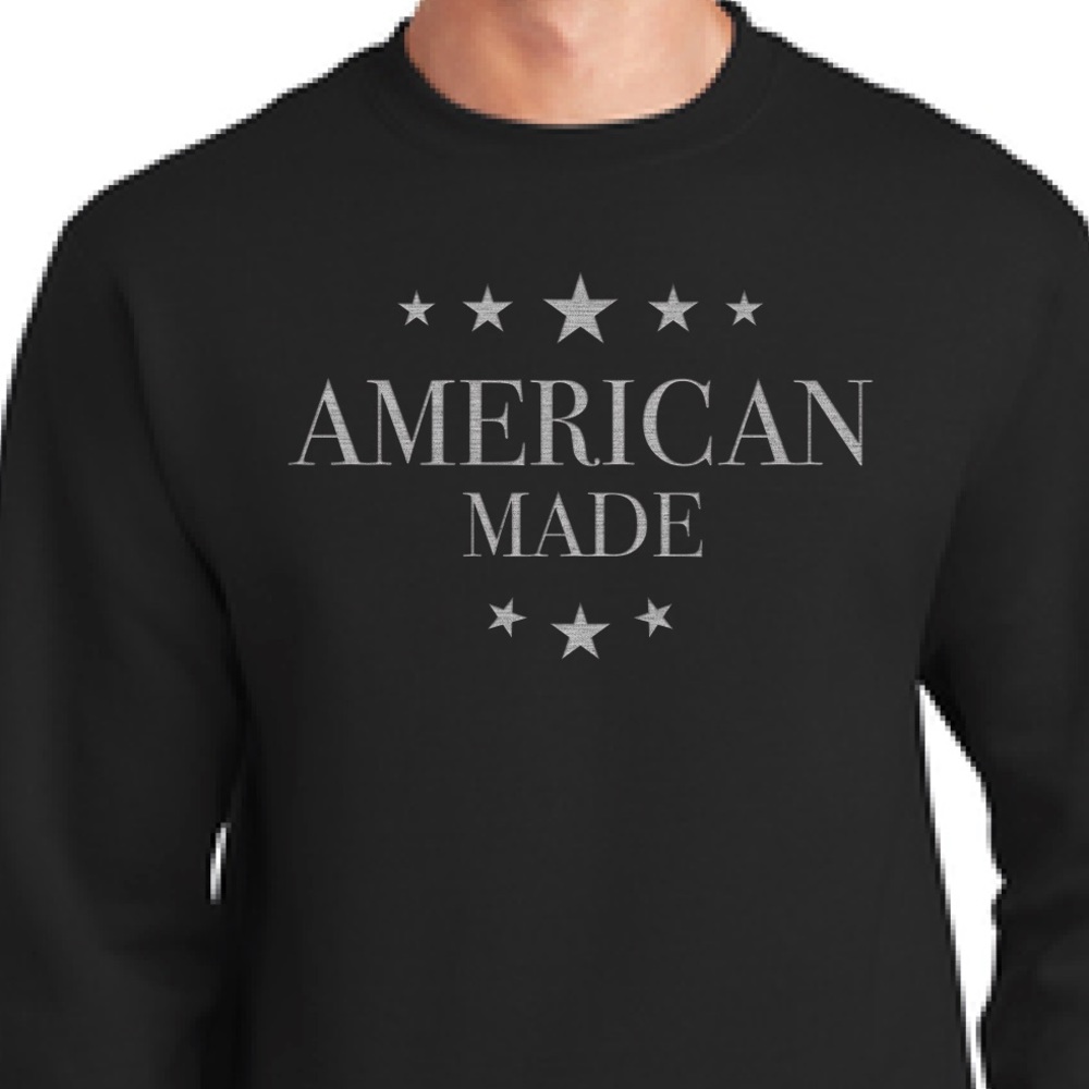 American Made embroidered crewneck.  Dark grey on black, patriotic.